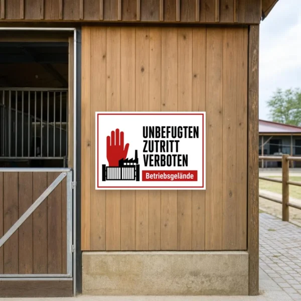 KI-generiertes Anwendungsbeispiel: Unbefugten Zutritt verboten Aufkleber an einem Betriebsgelände-Tor mit rotem Warnmotiv.