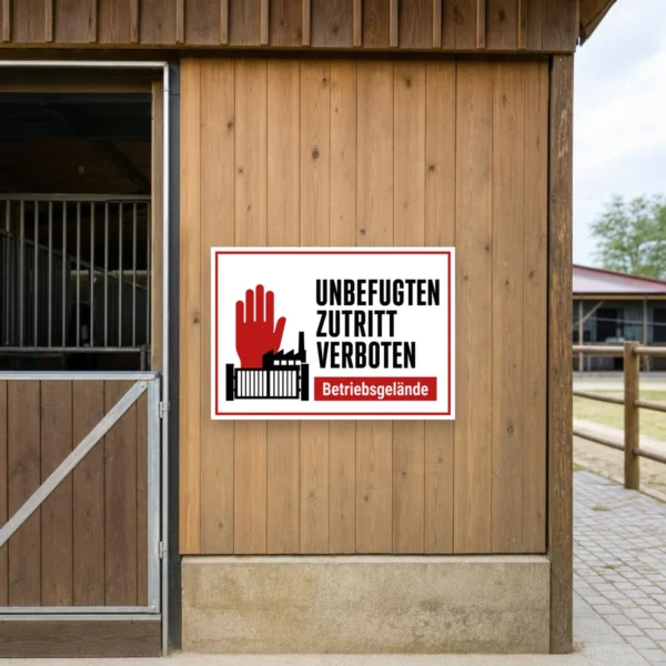 KI-generiertes Anwendungsbeispiel: Ein Unbefugten-Zutritt-verboten-Schild am Betriebsgelände weist Besucher an der Einfahrt klar ab.