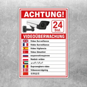 Videoüberwachung Aufkleber 24 Std. in 10 Sprachen mit Kamera, Warnhinweis und rotem Rahmen auf weißem Hintergrund.
