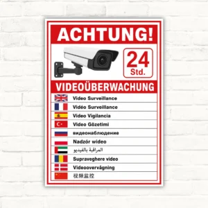 Videoüberwachung Schild mit Kamera und 24 Std.-Hinweis in 10 Sprachen als bedrucktes Hinweisschild.