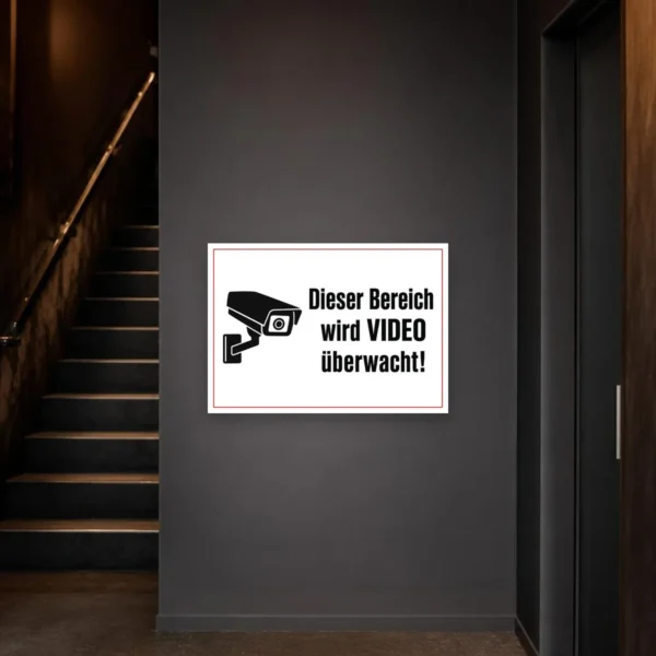 KI-generiertes Anwendungsbeispiel: Videoüberwachung Schild mit Kamera-Icon und Text „Dieser Bereich wird überwacht“ an einer Einfahrt.