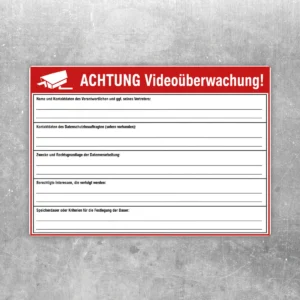 Videoüberwachung Aufkleber mit rotem Kopfbereich, Kamerasymbol und Informationsfeldern in Schwarz-Weiß.