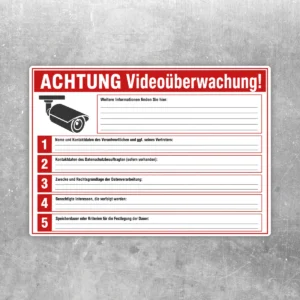 Videoüberwachung DSGVO Aufkleber mit rotem Warnkopf, Kamera-Symbol und Informationsfeldern in Schwarz, Weiß und Rot.