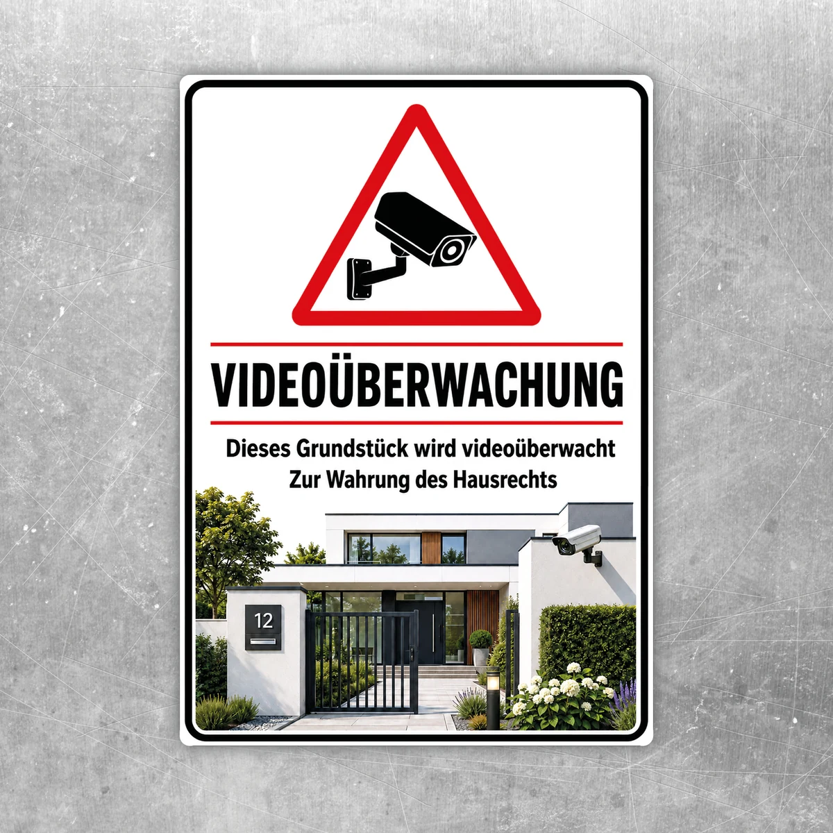 Videoüberwachung Aufkleber mit Kamera-Symbol, rotem Warn-Dreieck und dem Hinweis auf ein videoüberwachtes Grundstück.