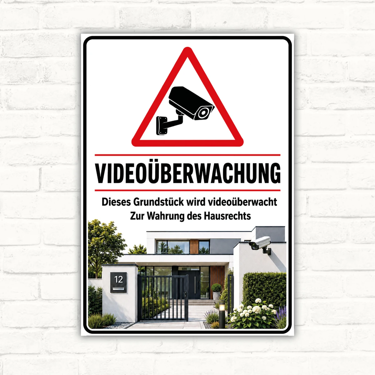 Videoüberwachungsschild mit Kamerasymbol und Text „Dieses Grundstück wird videoüberwacht zur Wahrung des Hausrechts“ als Warnschild.
