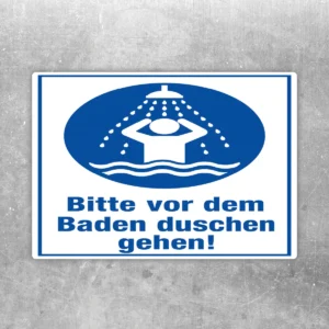Blau-weißer Bitte vor dem Baden duschen gehen! Aufkleber mit Duschsymbol und klarer Hinweisaussage für Bad und Wellness.