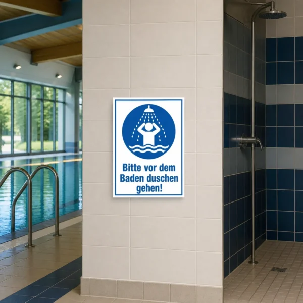 KI-generiertes Anwendungsbeispiel: Blau-weißer Bitte vor dem Baden duschen gehen! Aufkleber an einer Badtür im Wellnessbereich.
