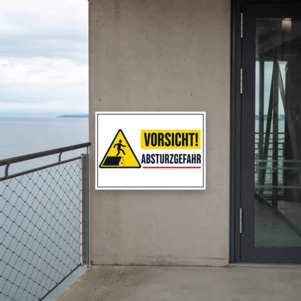 KI-generiertes Anwendungsbeispiel: Warnaufkleber Vorsicht Absturzgefahr an einer Kante mit gelbem Warnsymbol und klarer Textbotschaft