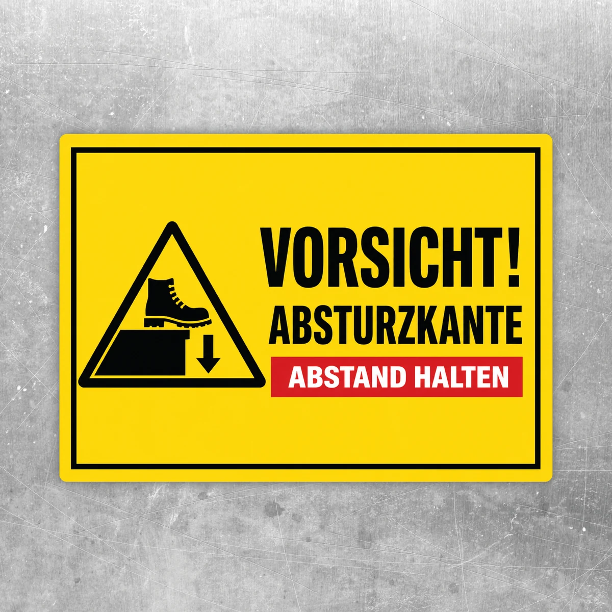 Gelber Warnaufkleber mit Text Vorsicht Absturzkante Abstand halten und schwarzem Warnsymbol