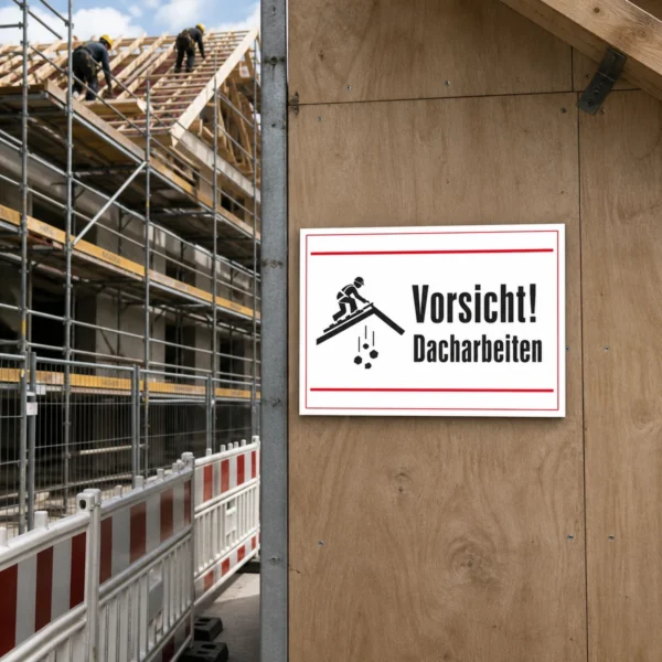 KI-generiertes Anwendungsbeispiel: Vorsicht Dacharbeiten Warnschild als Aluminium-Direktschild an einer Baustellenzufahrt.