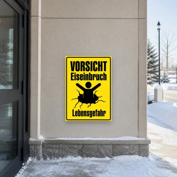 KI-generiertes Anwendungsbeispiel: Vorsicht Eiseinbruch Lebensgefahr Warnschild an einem winterlichen Uferweg, gelb-schwarzes Außenschild.