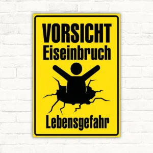 Vorsicht Eiseinbruch Lebensgefahr Warnschild in Gelb-Schwarz mit eingebrochener Eisfläche, als robustes Schild für den Außenbereich.
