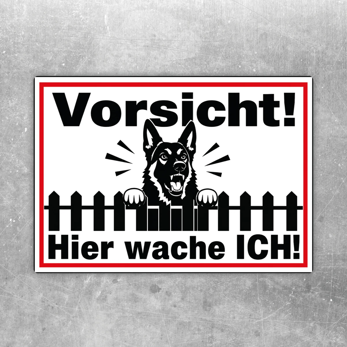 Schäferhund Aufkleber mit Warntext, schwarzem Wachhund und rotem Rahmen auf weißem Hintergrund.