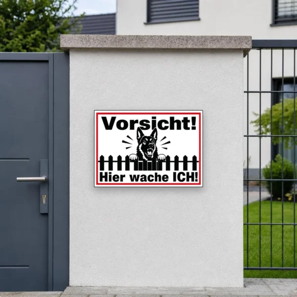 KI-generiertes Anwendungsbeispiel: Schäferhund Aufkleber mit Warntext an einer hellen Haustür, deutlich und kontrastreich sichtbar.