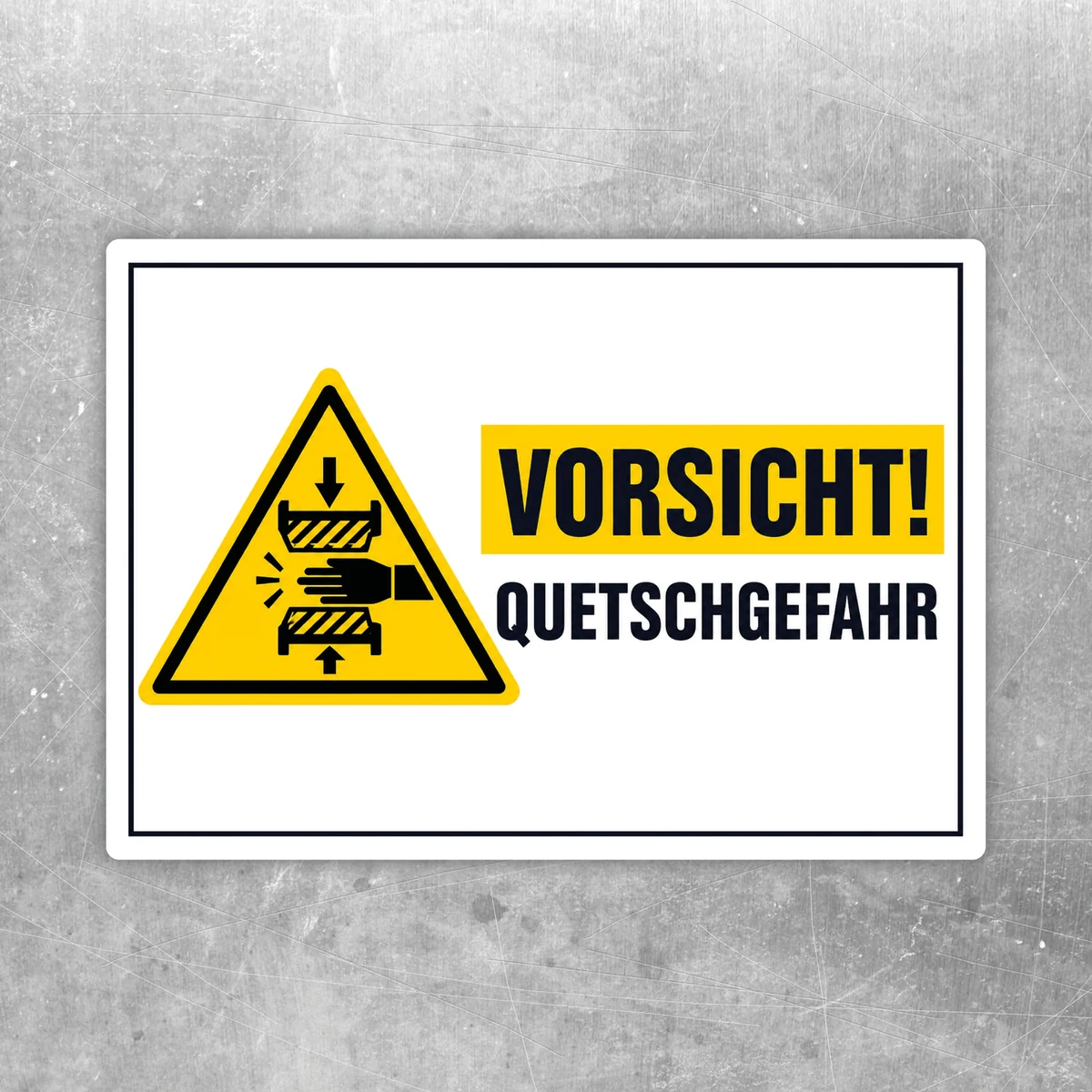Vorsicht Quetschgefahr Warnschild Aufkleber mit gelbem Dreieck, schwarzem Symbol und klarer Warnbeschriftung für Maschinenbereiche.
