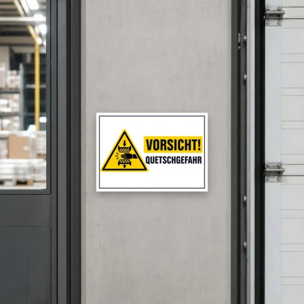 KI-generiertes Anwendungsbeispiel: Vorsicht Quetschgefahr Warnschild Aufkleber mit gelbem Warndreieck und schwarzer Beschriftung an einer Maschinenfläche.