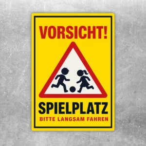 Aufkleber mit Warnsymbol und Text Vorsicht Spielplatz – Bitte langsam fahren in Gelb, Rot und Schwarz, hochformatig.