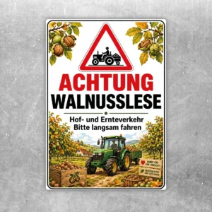Achtung Walnusslese Aufkleber mit Traktor, Walnüssen und Warnsymbol für den Ernteverkehr auf dem Hof.