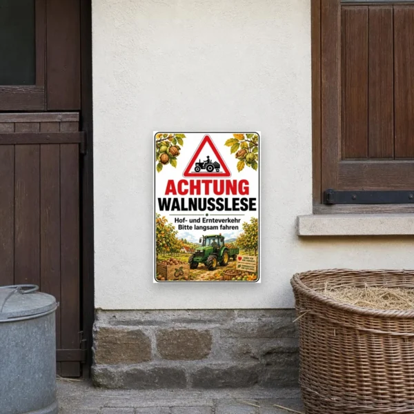 KI-generiertes Anwendungsbeispiel: Achtung Walnusslese Aufkleber an einer Hofzufahrt mit Traktor, Walnüssen und Warnhinweis.