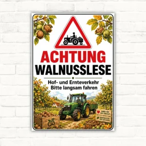 Achtung Walnusslese Schild mit Traktor, Walnüssen und dem Hinweis auf Hof- und Ernteverkehr für die Zufahrt.