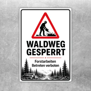 Waldweg gesperrt Aufkleber mit Warnsymbol, Forstarbeiter-Silhouette und dem Hinweis Betreten verboten in Rot, Schwarz und Weiß.