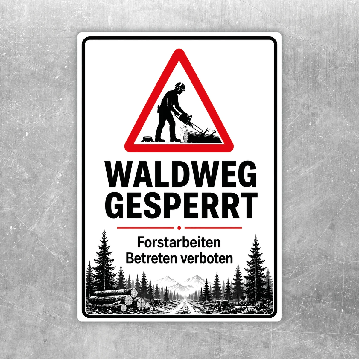 Waldweg gesperrt Aufkleber mit Warnsymbol, Forstarbeiter-Silhouette und dem Hinweis Betreten verboten in Rot, Schwarz und Weiß.