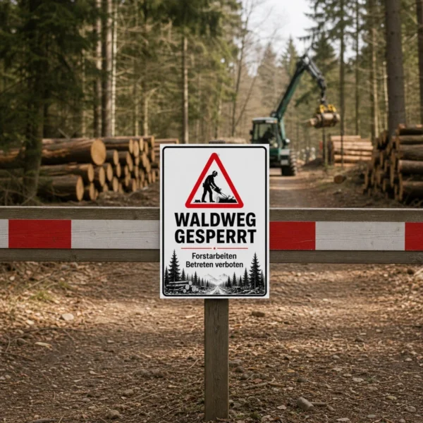 KI-generiertes Anwendungsbeispiel: Waldweg gesperrt Aufkleber mit Forstarbeiten-Hinweis, Warnsymbol und Waldmotiv auf weißem Untergrund.