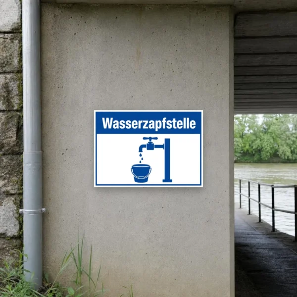 KI-generiertes Anwendungsbeispiel: Bedrucktes Wasserzapfstelle-Schild mit blauem Zapfhahn und Eimer als gut sichtbares Querformat-Hinweisschild.