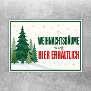 Weihnachtsbäume hier erhältlich Aufkleber mit Tannen, Sternen und roter Verkaufsbotschaft in festlichem Grün-Weiß.
