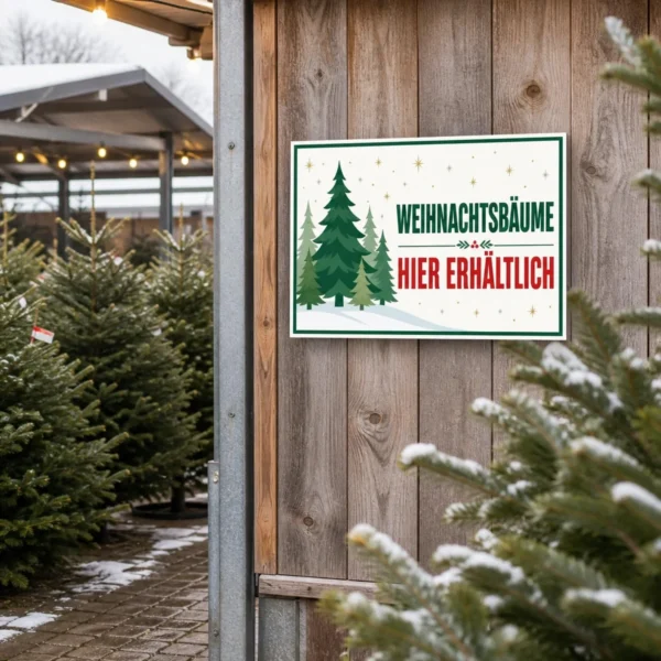 KI-generiertes Anwendungsbeispiel: Weihnachtsbäume hier erhältlich Aufkleber an einer Schaufensterfläche mit winterlichem Tannenmotiv und rotem Text.