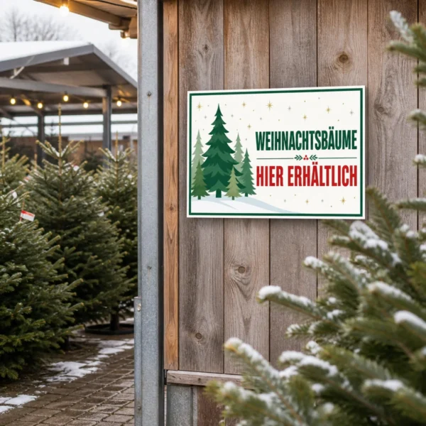 KI-generiertes Anwendungsbeispiel: Weihnachtsbäume hier erhältlich Schild mit Tannenmotiv und großem Verkaufshinweis am saisonalen Verkaufsstand.