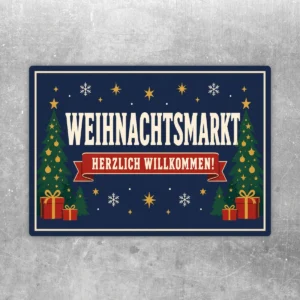 Querformatiger Weihnachtsmarkt Aufkleber mit „Herzlich Willkommen“, Tannen, Sternen, Schneeflocken und Geschenken in Blau, Rot, Grün und Gold.
