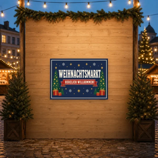 KI-generiertes Anwendungsbeispiel: Querformatiger Weihnachtsmarkt Aufkleber mit Herzlich-Willkommen-Motiv, Tannen, Sternen und Geschenken.