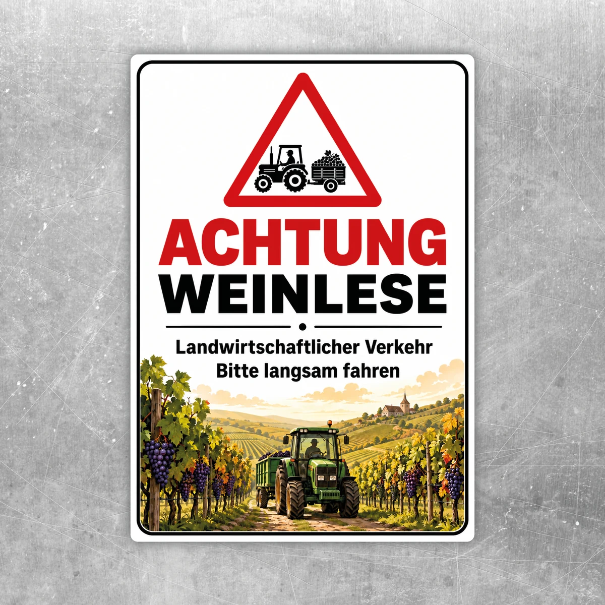 Achtung Weinlese Aufkleber mit Traktor, Weinberg und Warnsymbol in Rot, Schwarz, Grün und Gelb für den landwirtschaftlichen Verkehr.