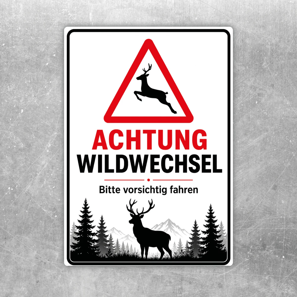 Wildwechsel Warnschild Aufkleber mit Hirschmotiv, rotem Warn-Dreieck und dem Hinweis „Achtung Wildwechsel bitte vorsichtig fahren“.