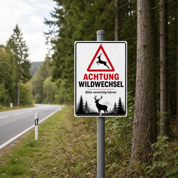 KI-generiertes Anwendungsbeispiel: Wildwechsel Warnschild Aufkleber auf weißer Fahrzeugtür mit rotem Dreieck, Hirschmotiv und Warntext.