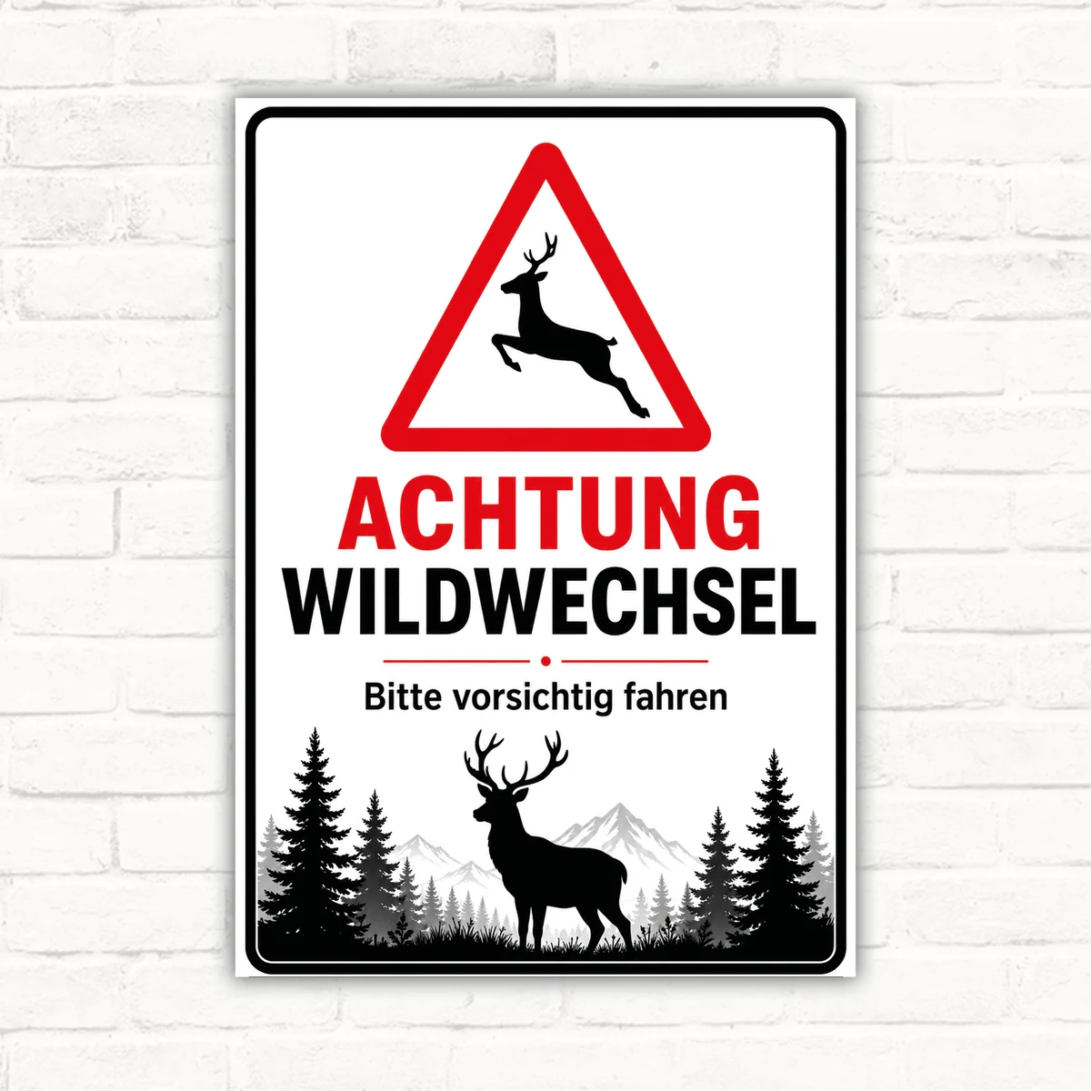 Wildwechsel Warnschild mit Hirschmotiv und dem Text „ACHTUNG WILDWECHSEL – Bitte vorsichtig fahren“ als robustes Schild.