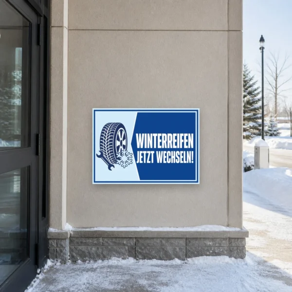 KI-generiertes Anwendungsbeispiel: Winterreifen jetzt wechseln Aufkleber im Querformat mit Reifen-, Werkzeug- und Schneeflockenmotiv.