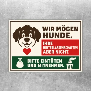 Hundeschild Aufkleber mit Hundekopf, Herz und klarer Bitte zum Mitnehmen von Hinterlassenschaften in Braun, Rot und Grün.