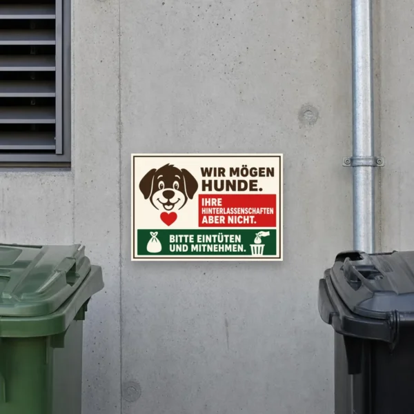 KI-generiertes Anwendungsbeispiel: Hundeschild Aufkleber am Gartentor mit freundlicher, deutlicher Botschaft für mehr Sauberkeit.
