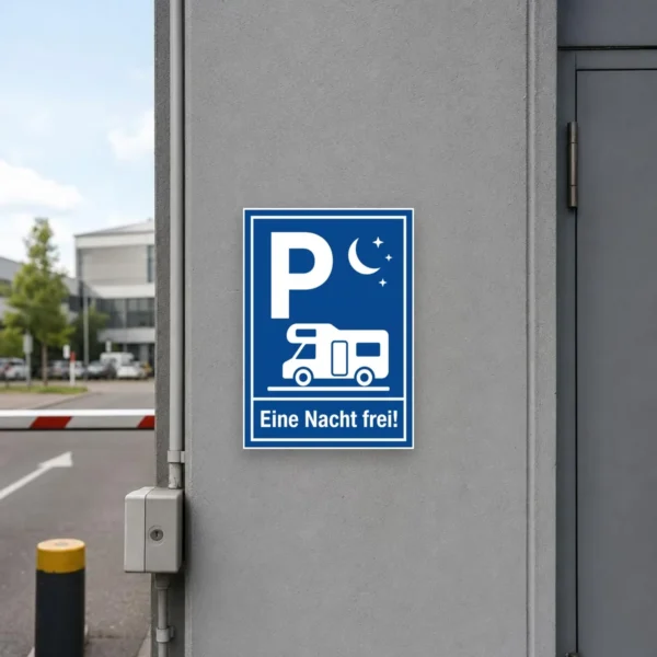 KI-generiertes Anwendungsbeispiel: Blauer Wohnmobil Parkplatz Aufkleber mit Mond, Sternen und „Eine Nacht frei!“ in Hochformat.
