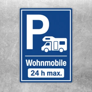 Blau-weißer Wohnmobil Parkplatz Aufkleber mit großem P, Wohnmobil-Symbol und Hinweis auf maximal 24 Stunden.