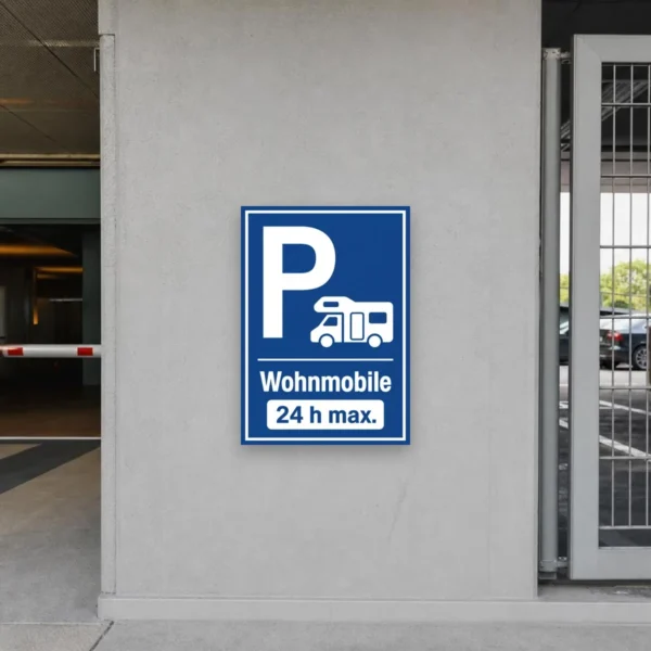 KI-generiertes Anwendungsbeispiel: Blau-weißer Wohnmobil Parkplatz Aufkleber mit Piktogramm und 24-Stunden-Hinweis auf glatter Fläche.