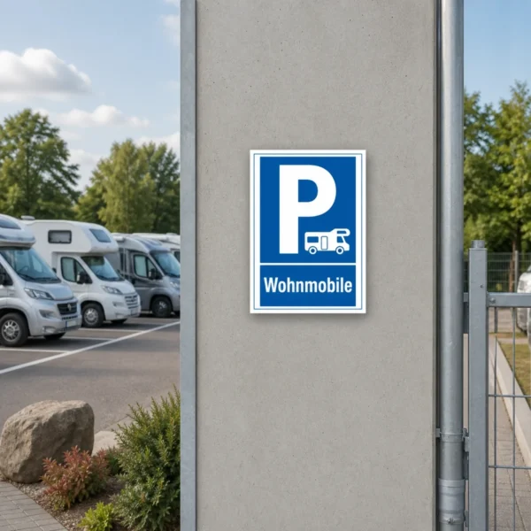 KI-generiertes Anwendungsbeispiel: Wohnmobil Parkplatzaufkleber in Blau-Weiß zur Markierung reservierter Stellplätze auf einer glatten Fläche