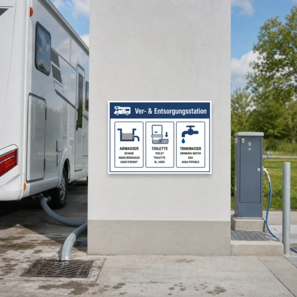 KI-generiertes Anwendungsbeispiel: Wohnmobil Ver- & Entsorgungsstation Aufkleber an einer Servicefläche mit klaren Symbolen für Camper.