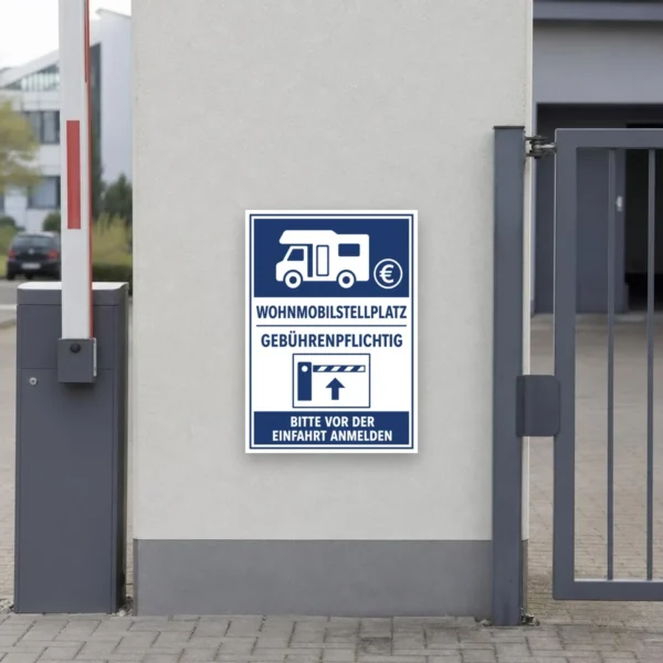 KI-generiertes Anwendungsbeispiel: Blau-weißer Wohnmobilstellplatz-Aufkleber mit Gebührenhinweis und Anmeldeaufforderung an der Zufahrt.