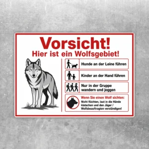 Wolfsgebiet Warnschild Aufkleber mit Wolfsmotiv und Verhaltensregeln in Rot, Weiß, Schwarz und Grau