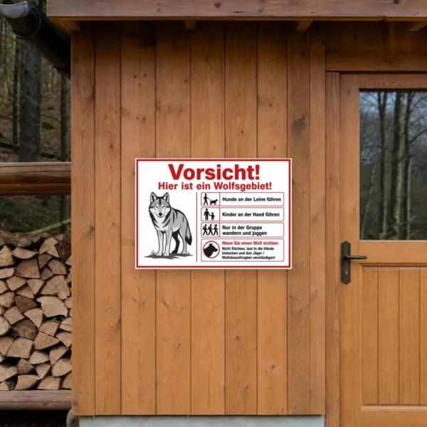 KI-generiertes Anwendungsbeispiel: Wolfsgebiet Warnschild Aufkleber mit Wolfsmotiv und Verhaltensregeln auf glatter Außenfläche