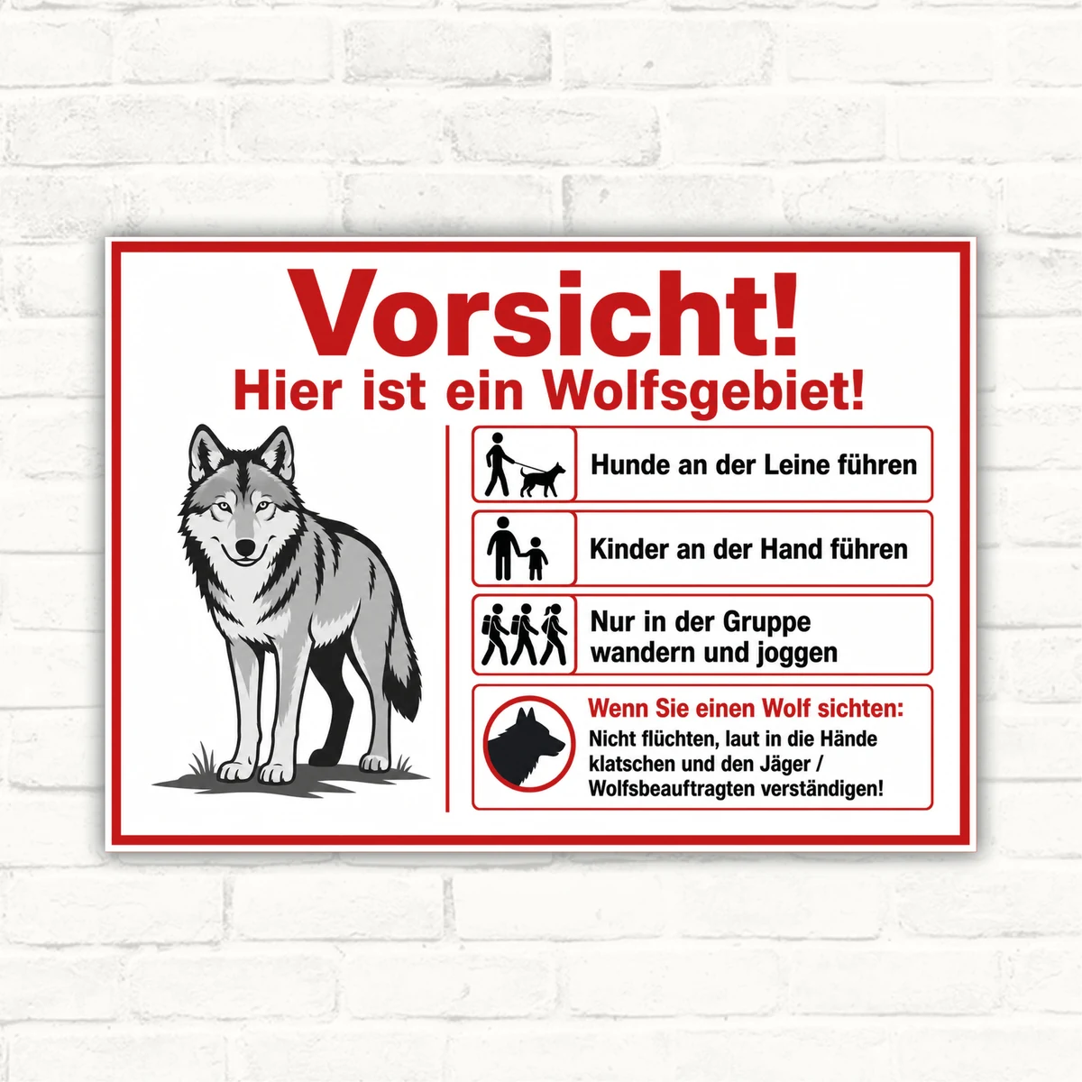Wolfsgebiet Warnschild mit der Aufschrift „Vorsicht! Hier ist ein Wolfsgebiet!“ und Verhaltensregeln als Alu-Verbundschild.