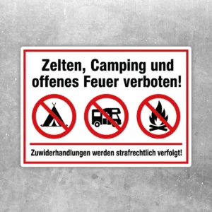 Zelten, Camping und offenes Feuer verboten Aufkleber mit roter Verbotsgrafik und klarer Beschriftung auf weißem Grund.